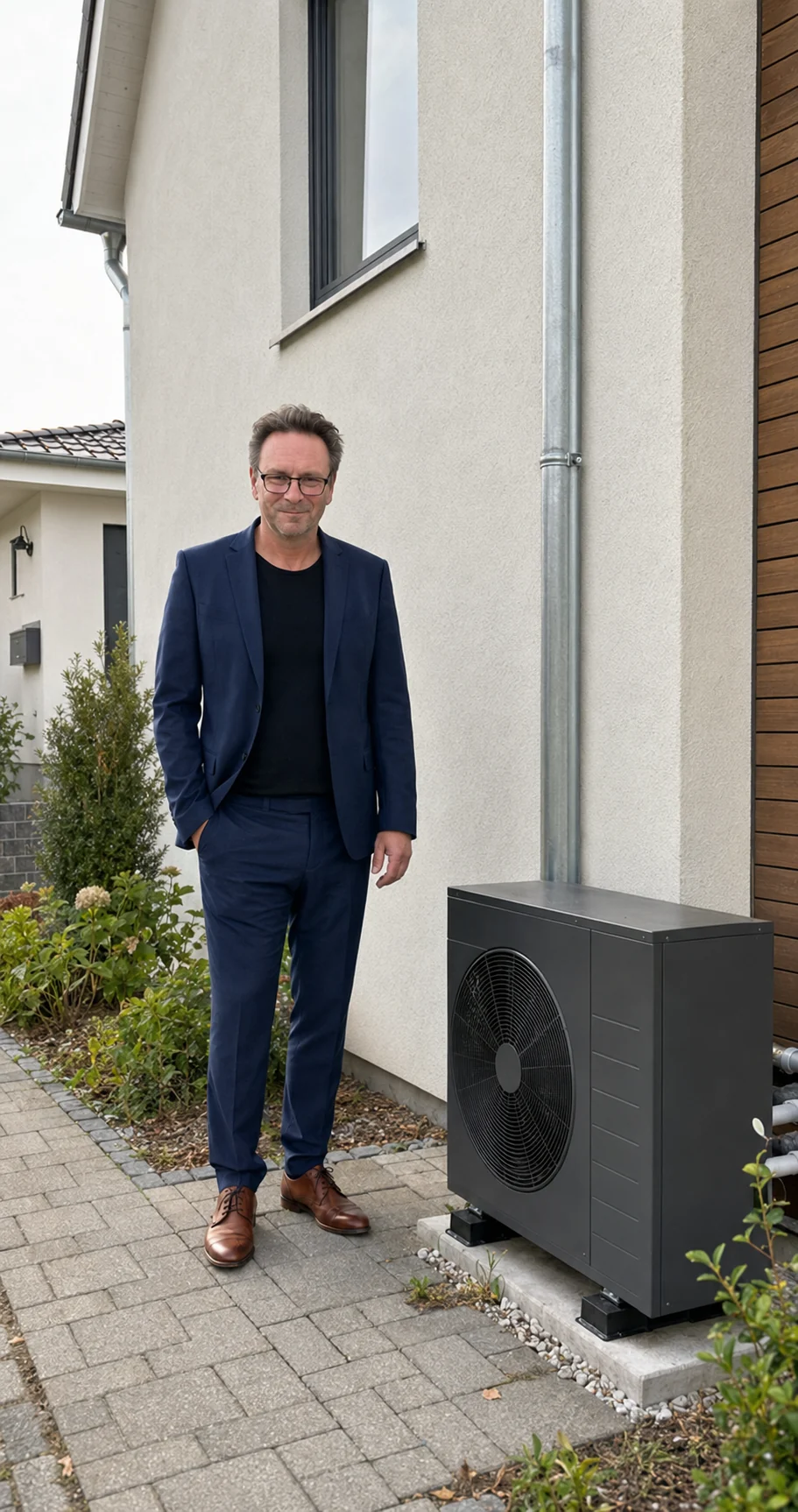 Stefan Schulz neben einer Wärmepumpe vor einem modernen Wohnhaus
